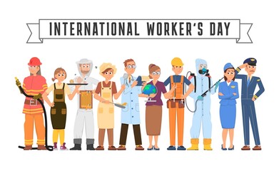 International workers day. Labor festive banner, working characters. People in uniform, different male and female professionals decent vector set
