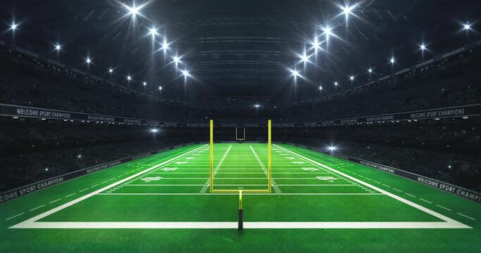 American football stadium with yellow goal posts on grass field from main grandstand and glowing spotlights on the top. Sport advertisement 4K video loop.