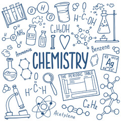 Chemistry symbols icon set. Science subject doodle design. Education and study concept. Back to school sketchy background for notebook, not pad, sketchbook. Hand drawn illustration. - 485540607