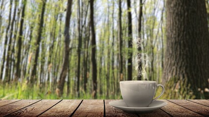 hot coffee on the table on a natural background