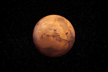 Red planet Mars in space with stars. This image elements furnished by NASA.
