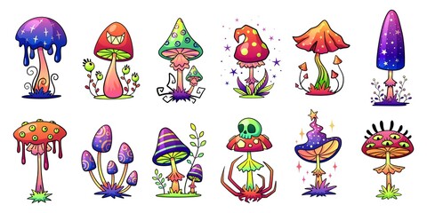 Hallucination mushrooms. Psychedelic mushroom set, hippie funky groovy 1970s forest plants. Decorative garish rainbow colors vector elements