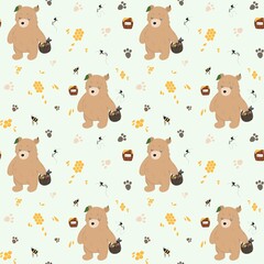 Seamless pattern with funny bear, bees, honey and other elements. Design for various items. The illustration is hand-drawn with curved lines. Digital illustration