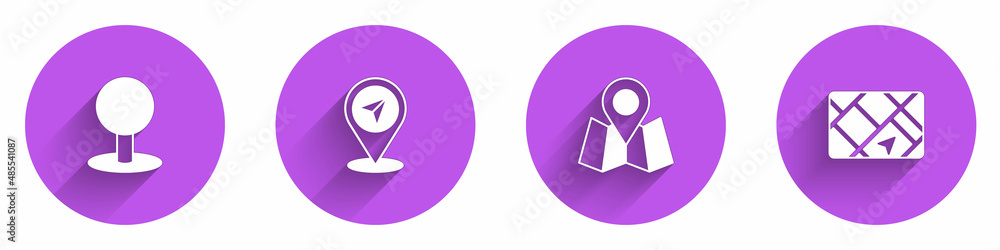 Aufkleber set push pin, map, folded map with location marker and gps device icon with long shadow. vector