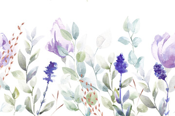 Fototapeta na wymiar Watercolor seamless border of forest flowers, herbs and berries