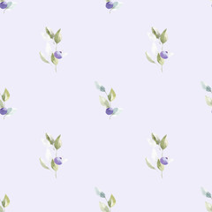 Floral watercolor seamless pattern. Forest blueberries on a light background.
