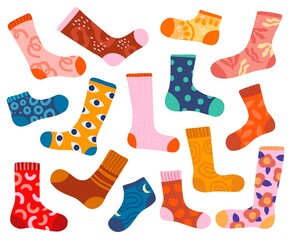 Bright stylish socks. Trendy designs clothing elements. Stockings with fancy abstract patterns. Colorful cotton products. Fashion casual wear. Legs underwear. Vector foot clothes set