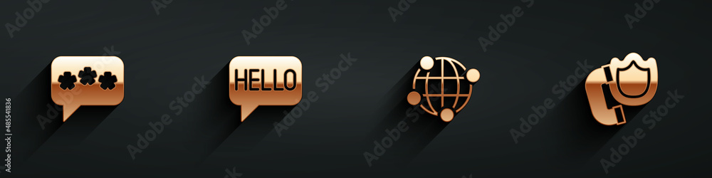 Poster set speech bubble chat, hello in different languages, global technology and telephone handset with s