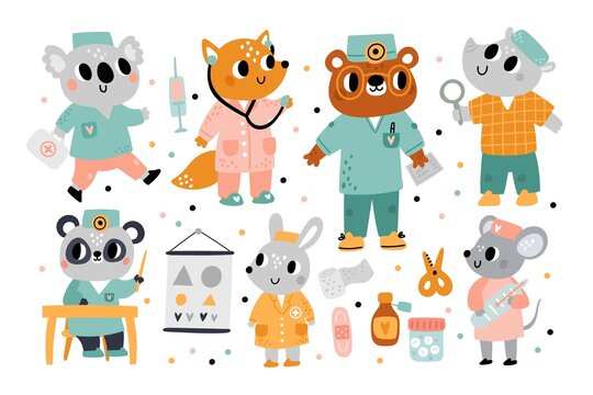 Cute animal doctors. Medical characters with different tools in uniform. Koala with first aid kit. Fox with stethoscope. Panda optometrist. Pediatrician and nurse. Vector physicians set