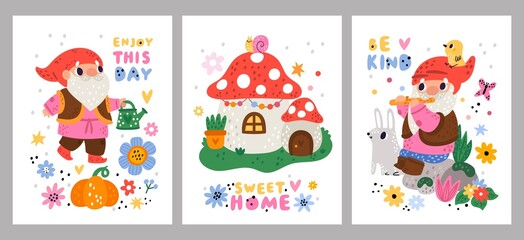 Cute garden gnomes posters. Fabulous dwarfs with tools. Scandinavian style characters play flute or watering plants. Mushroom home. Vector set of fairy creatures with red caps and beards