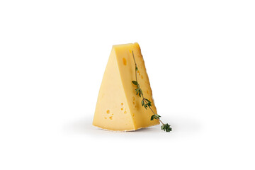 Asiago cheese isolated. Piece of tasty Italian cheese on white with rosemary