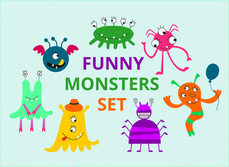 Obraz na płótnie Canvas Children's vector funny set of cartoon monsters. Cheerful, smiling, crazy. Horns, many legs, many eyes, Hat, balloon. Eps print for t shirt, label, card