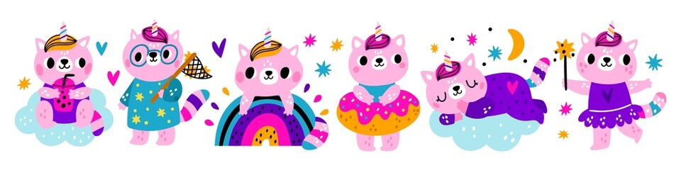 Fototapeta premium Cute unicorn cats. Little pink kittens. Magical animals with multicolored horns. Magic wand and rainbow. Kawaii characters sleep on clouds or swim with rings. Vector fairytale pets set