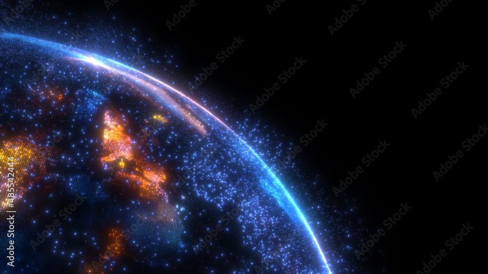 Poster glowing sphere with a map of the world from particles