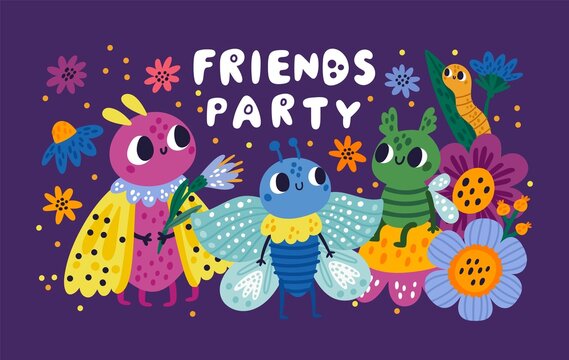 Funny bug poster. Colorful insects team with spring flowers. Nocturnal moths and earthworm. Caterpillar or butterfly. Animal characters with happy faces. Friends party. Vector concept