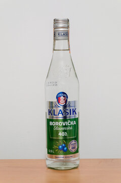 Pruszcz Gdanski, Poland - January 1, 2022: Bottle of St. Nicolaus Klasik Borovicka Slovenska.