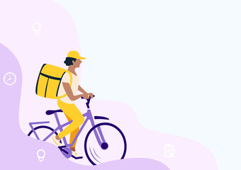 Service fast food delivery to your home and office. A man with a yellow backpack on a bicycle delivers food. Vector illustration.