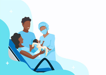 A pregnant woman gives birth to a baby in a maternity hospital. Partner childbirth. Thanks to the doctors and nurses. Vector horizontal illustration on an abstract minimalistic background. - 485543002