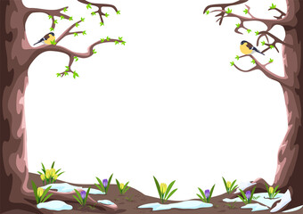 Vector illustration of a spring frame for a fairy tale background made of trees, crocuses, melting snow and birds in cartoon style on a white background.