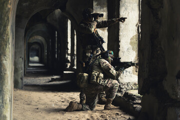 Critical directional shoot at sight orders to army soldier . High quality photo