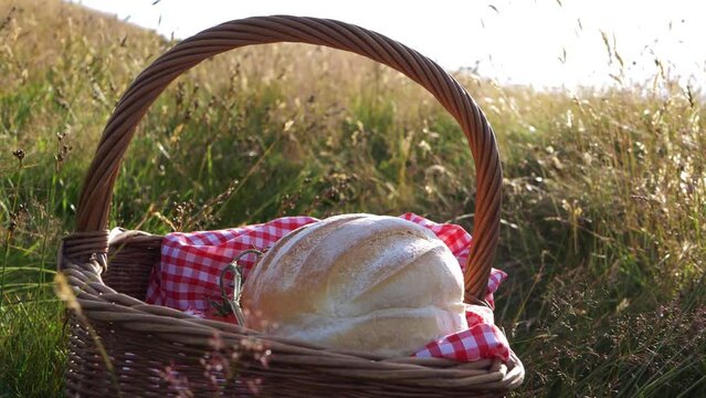 Vintage picnic basket and red gingham blanket with fresh loaf of bread 