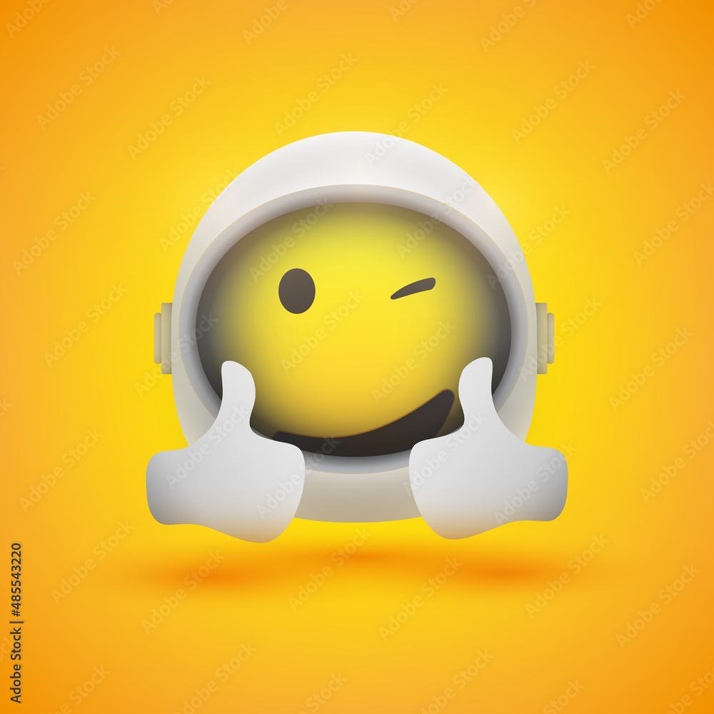 Poster smiling happy satisfied spaceman emoji in space suit with helmet on showing double thumbs up - emoti