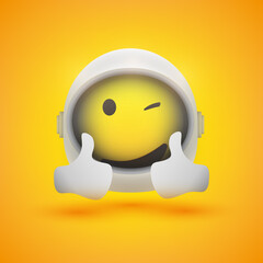 Smiling Happy Satisfied Spaceman Emoji in Space Suit with Helmet On Showing Double Thumbs Up - Emoticon Vector Design for Web On Yellow Background