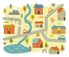 Naive city map for nursery carpet. Doodle baby town print with houses and cars. © Sonium_art