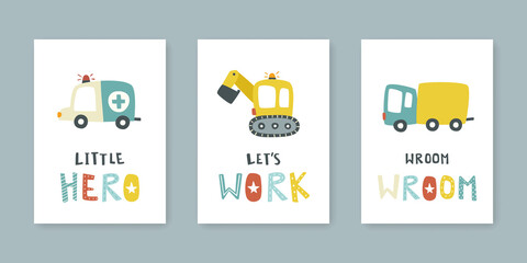 Set of baby cars with lettering posters. Cute collection of wall art with childish vehicle and text.