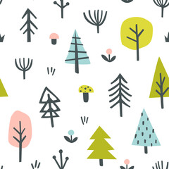 Naive scandinavian forest pattern. Seamless doodle baby print for fabric, textile, nursery, apparel.