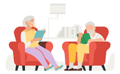 Senior readers. Old couple reading books and sitting in armchairs