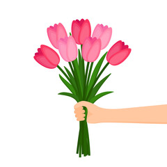 Hand holding a beautiful bouquet of flowers. Happy Women's Day, Mother's Day. Vector illustration