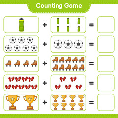 Count and match, count the number of Water Bottle, Trophy, Soccer Ball, Goalkeeper Gloves, Roller Skate and match with the right numbers