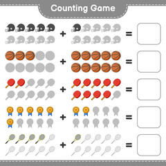 Count and match, count the number of Ping Pong Racket, Basketball, Trophy, Football Helmet, Tennis Racket and match with the right numbers