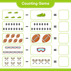 Count and match, count the number of Badminton Rackets, Dumbbell, Rugby Ball, Goggle, Soccer Shoes and match with the right numbers. Educational children game, printable worksheet, vector illustration