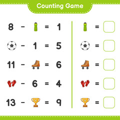 Count and match, count the number of Water Bottle, Trophy, Soccer Ball, Goalkeeper Gloves, Roller Skate and match with the right numbers