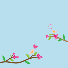 Tree with flowers and love birds on blue background