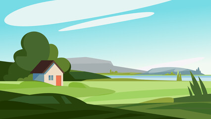 Summer landscape with house on the river bank. Beautiful natural scenery.