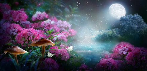 Fototapeta premium Fantasy magical fairy tale landscape with enchanted forest lake, fabulous fairytale blooming pink rose flower garden, mushrooms and two butterflies on mysterious background and glowing moon in night.