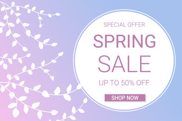 Spring sale banner with white branches on blue and pink gradient background. Template for flyer, voucher, brochure and banner design.