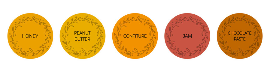 Set of food labels. Jams, honey, peanut butter