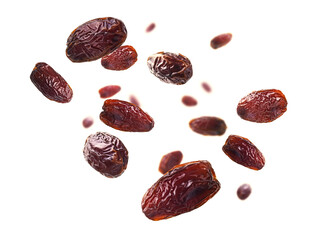 Dried dates levitate on a white background