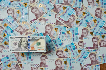 Fototapeta na wymiar Image of $ 100 bills against the background of Ukrainian money.