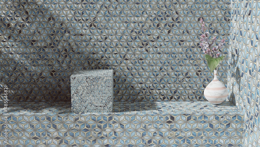 Poster sample of bathroom products on tiled backdrop for sample of perfumery and bathroom products. . 3d re