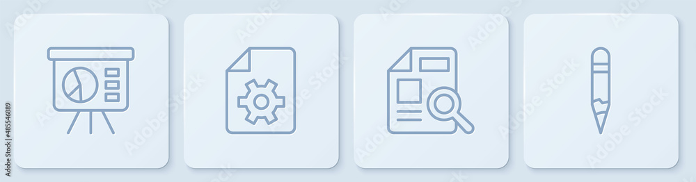 Poster Set line Board with graph, Document chart, settings and Pencil. White square button. Vector