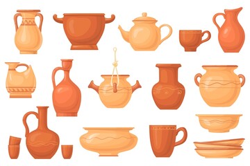 Cartoon clay crockery. Antique ceramico utensils, brown earthenware pot dish vessels cup jug bowl, ancient ceramic dishes, image pottery kitchenware, icon neat vector illustration - obrazy, fototapety, plakaty