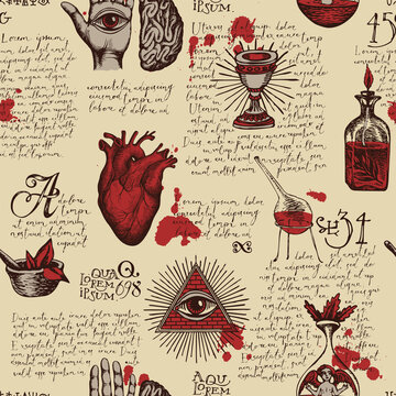 Vintage hand-drawn seamless pattern on the theme of occultism, satanism and witchcraft. Abstract vector background with ominous sketches, handwritten text lorem ipsum and blood drops on an old paper