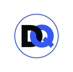 DQ Brand name initial letters. DQ joined letters in black and blue color icon.