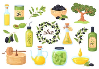 Cartoon olive products. Feta oil greece traditional food, bowl olives snack, mediterranean snacks elements, olieve drops in bottle branch olival tree, flat neat vector illustration