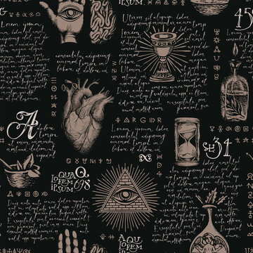 Abstract seamless pattern on the theme of occultism, alchemy, esoteric and witchcraft in vintage style. Hand-drawn vector background with sketches and handwritten text lorem ipsum on a black backdrop
